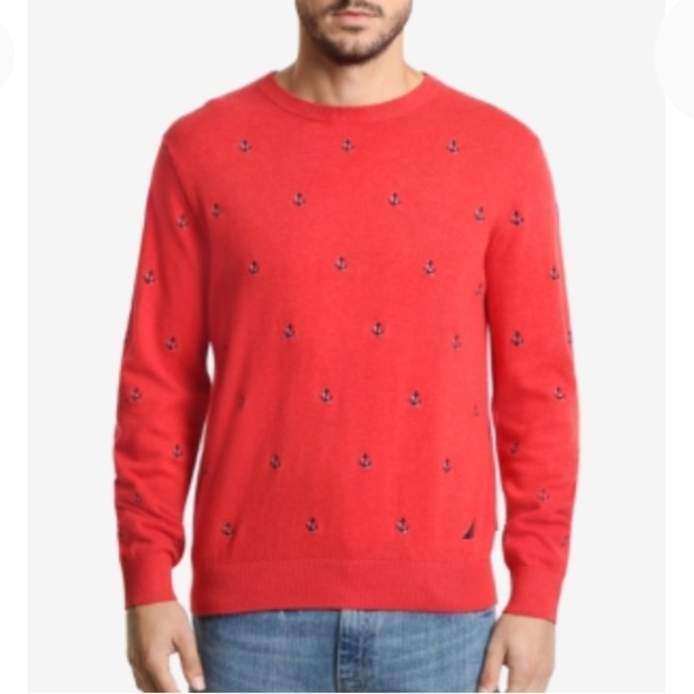 NEW Nautica Maritime Embroidered Anchors Crew Neck Mens Sweater, Size XL